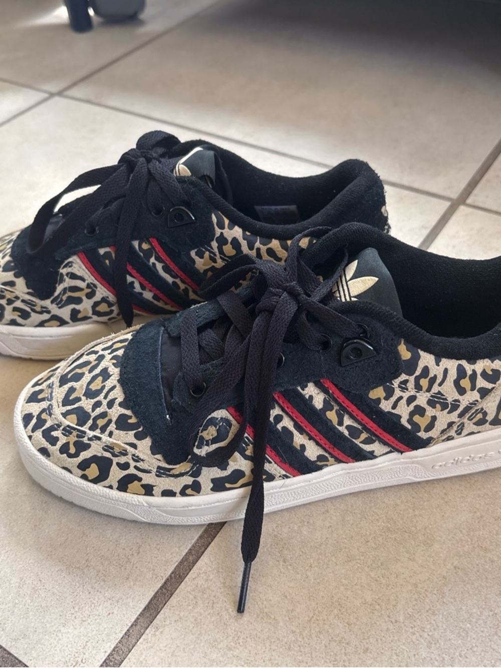 Women Adidas Rivalry Low Top Leopard Print Trainers with Black & Red Stripes